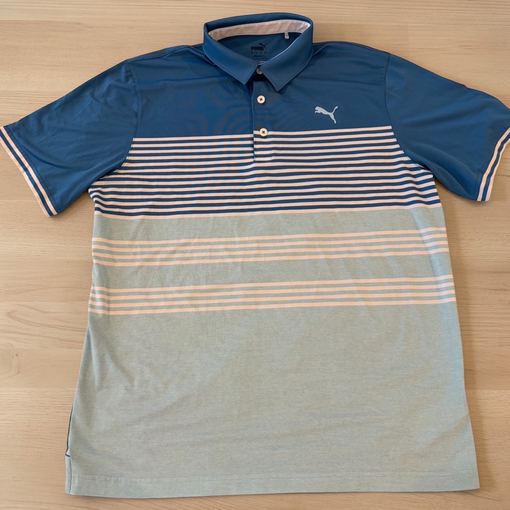 Puma MATTR Track Golf Polo Men’s Large Blue White Striped Performance Stretch